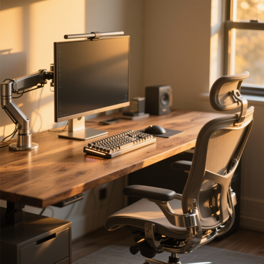 Setup con los elementos ordenados para maximizar la ergonomía
