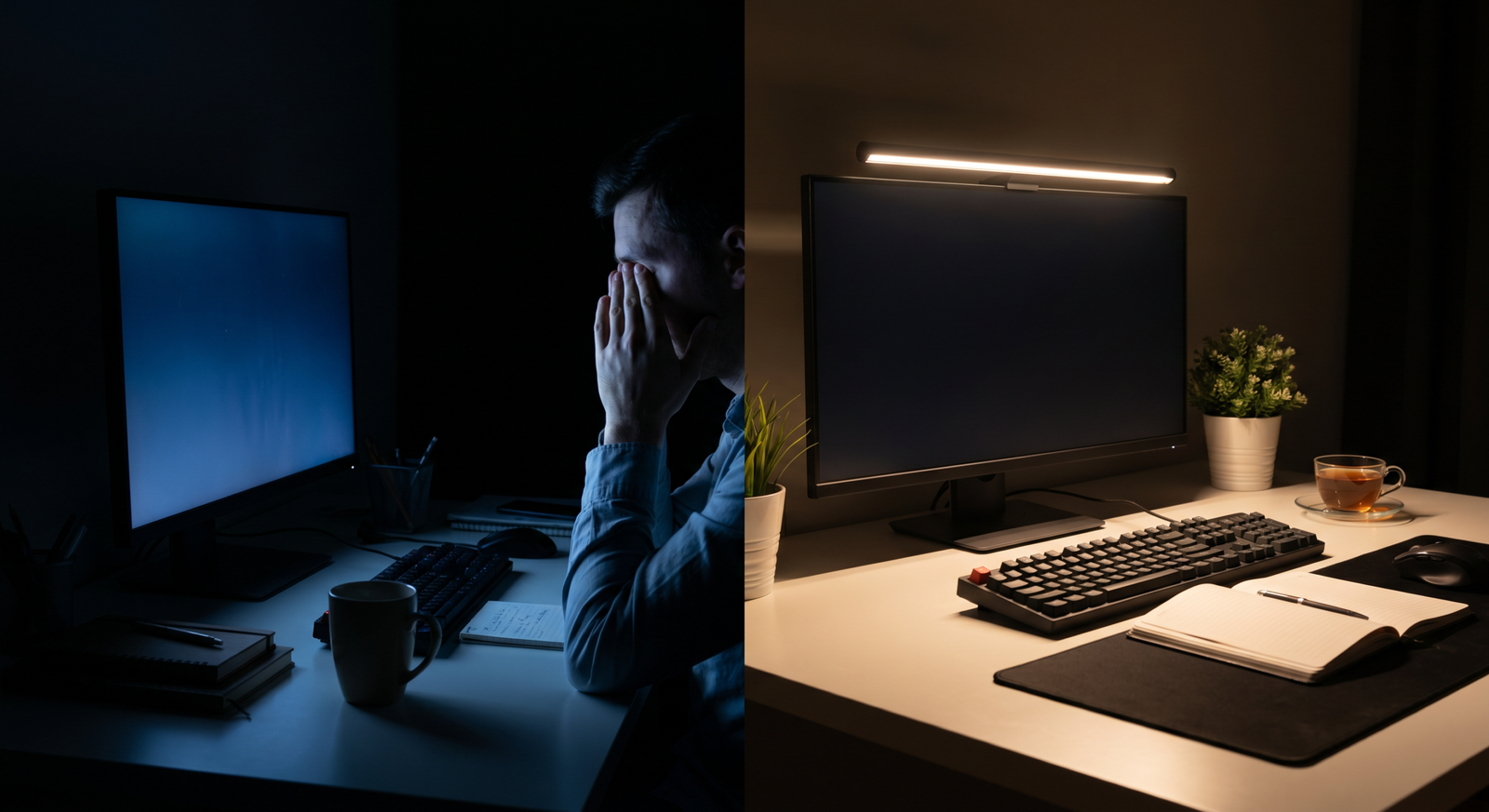 comparación visual entre un escritorio sin iluminación adicional y otro con barra de luz LED
