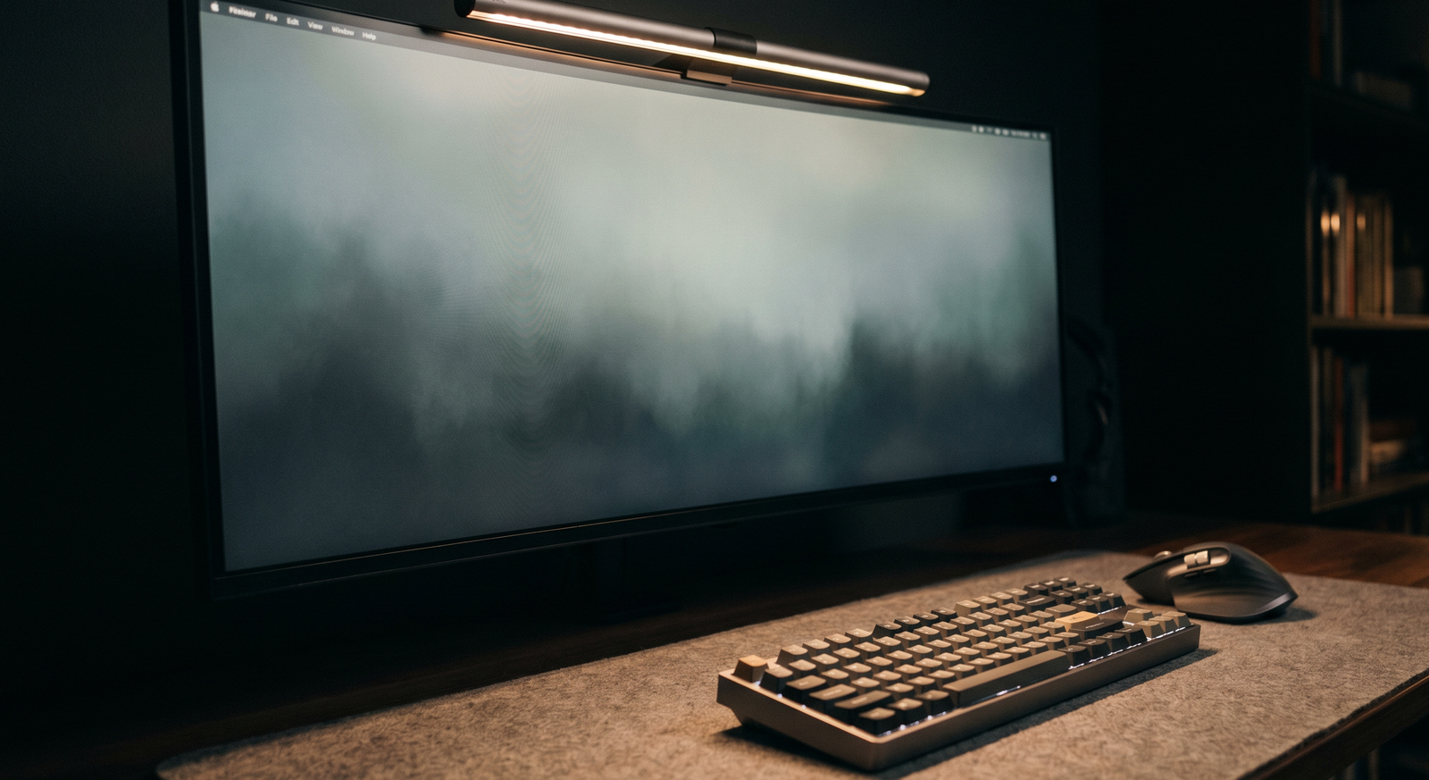 barra de luz LED instalada sobre un monitor en un escritorio de noche