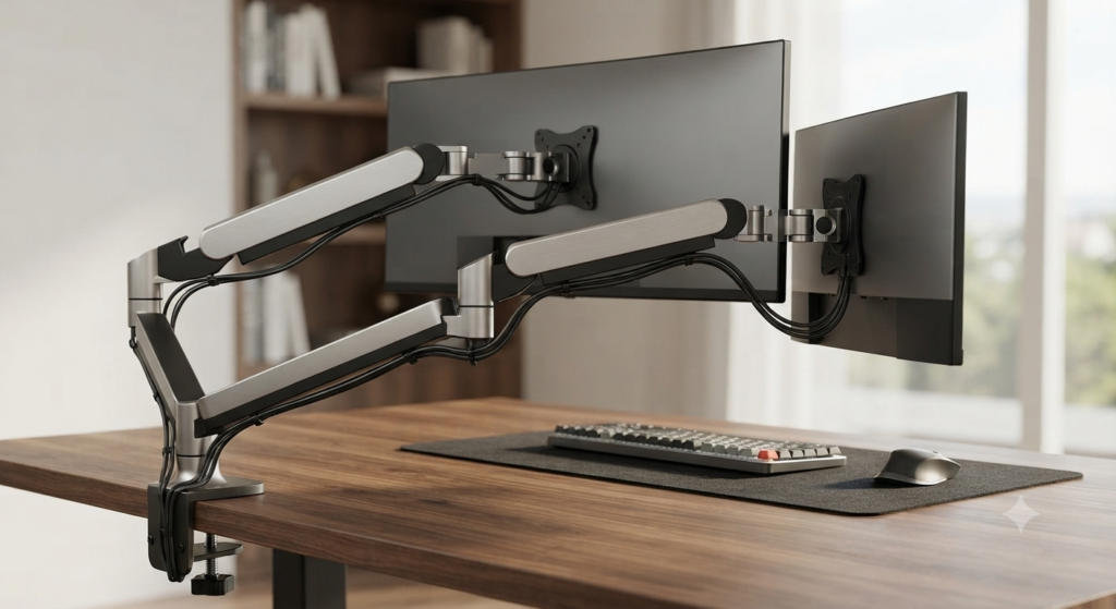 Soportes y brazos para monitor instalados en escritorio